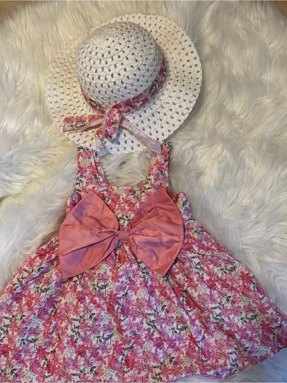 Baby Girl Pink Floral Bow Sundress with White Straw Hat 6-9 months